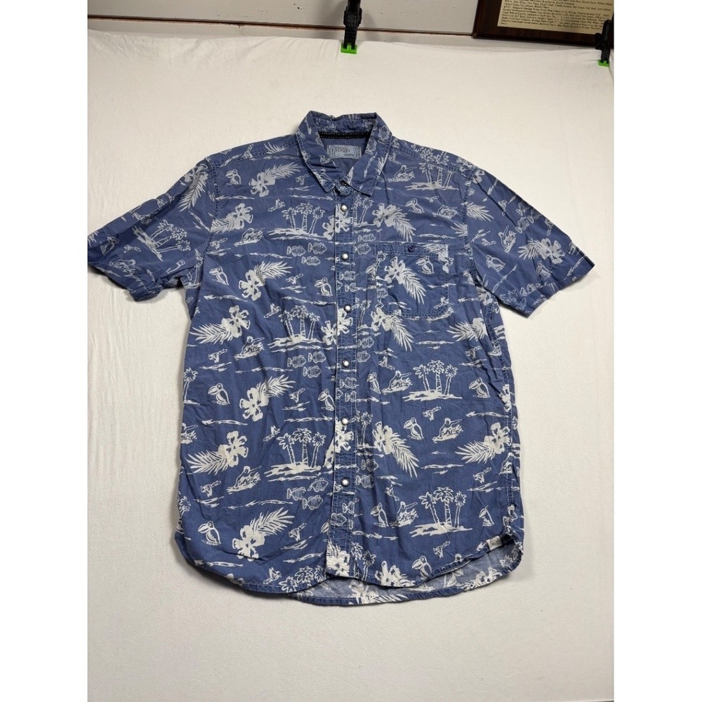 Free Planet Mens XL Blue Tropical Floral Hawaiian Button Up Shirt Short Sleeve